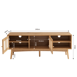 Meuble tv INES effet chêne et cannage rotin 140cm