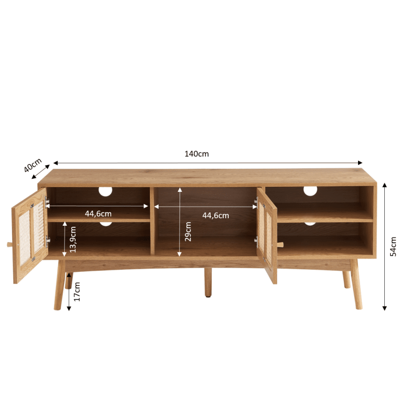 Meuble tv INES effet chêne et cannage rotin 140cm