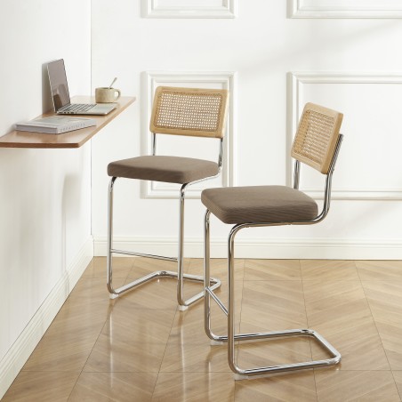 Lot de 2 tabourets mi-hauts ELLA cannage velours côtelé grège