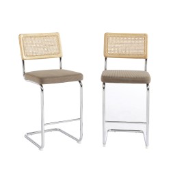 Lot de 2 tabourets mi-hauts ELLA cannage velours côtelé grège