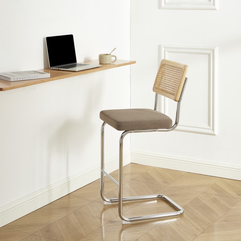 Lot de 2 tabourets mi-hauts ELLA cannage velours côtelé grège