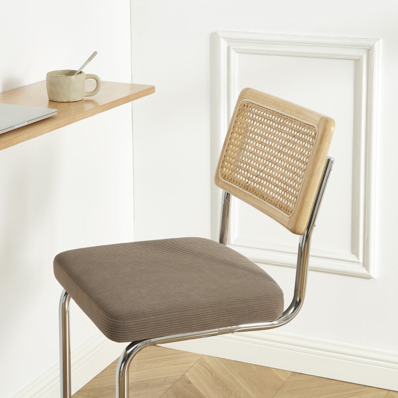Lot de 2 tabourets mi-hauts ELLA cannage velours côtelé grège