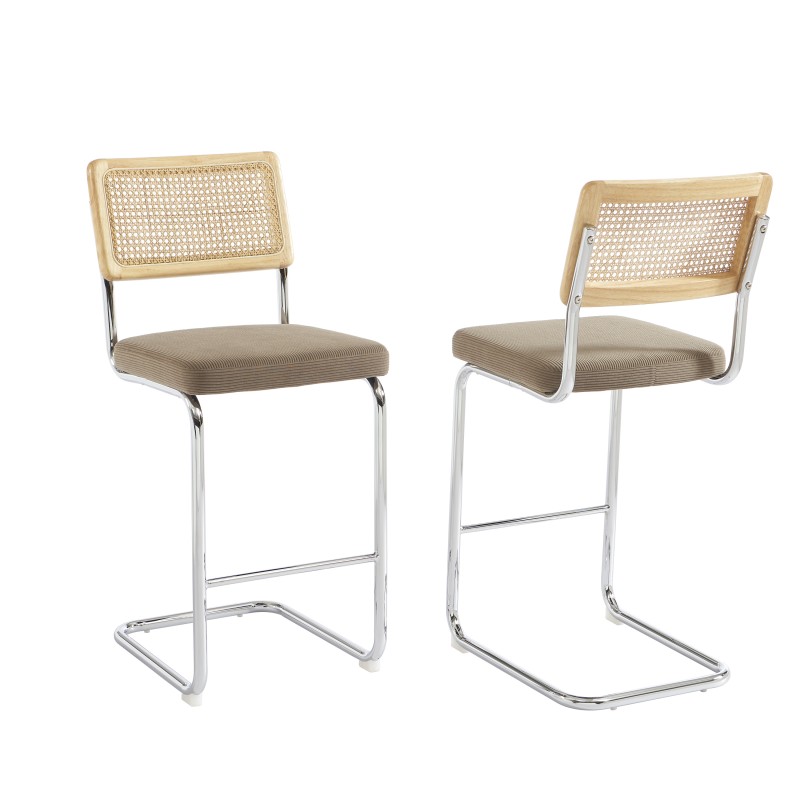 Lot de 2 tabourets mi-hauts ELLA cannage velours côtelé grège