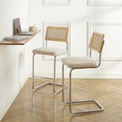 Lot de 2 tabourets mi-hauts ELLA cannage velours côtelé beige