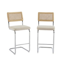 Lot de 2 tabourets mi-hauts ELLA cannage velours côtelé beige