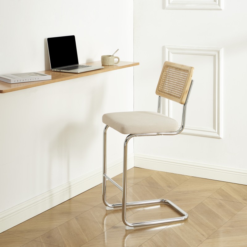 Lot de 2 tabourets mi-hauts ELLA cannage velours côtelé beige