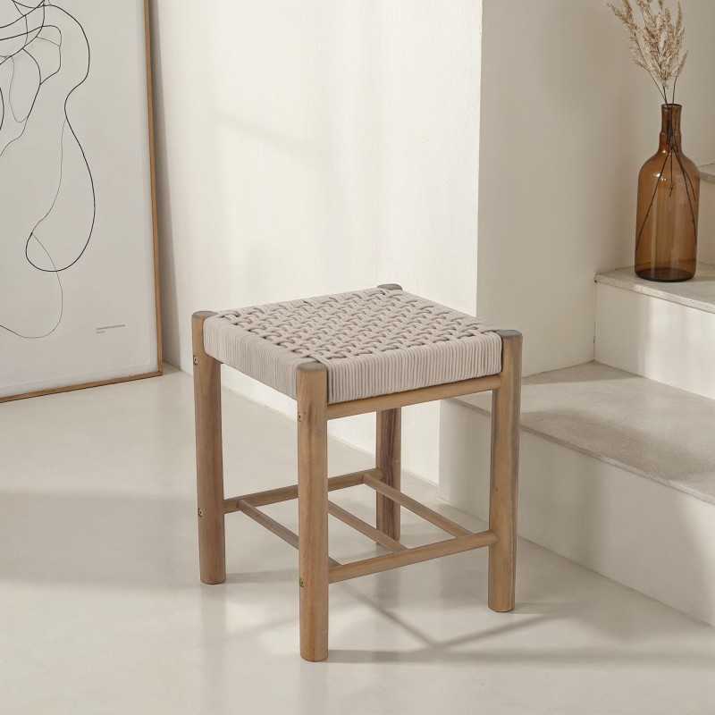 Tabouret intérieur et extérieur AVI en bois d'acacia et corde beige