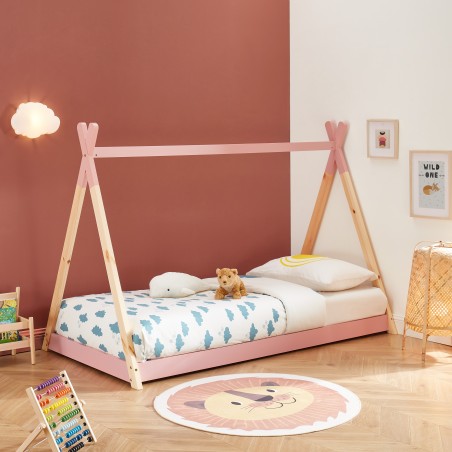 Lit enfant tipi TINY rose et pin massif 90x190 sommier inclus