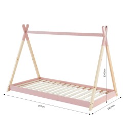 Lit enfant tipi TINY rose et pin massif 90x190 sommier inclus
