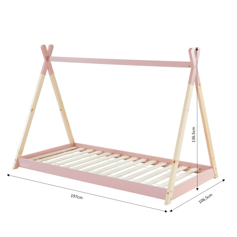 Lit enfant tipi TINY rose et pin massif 90x190 sommier inclus