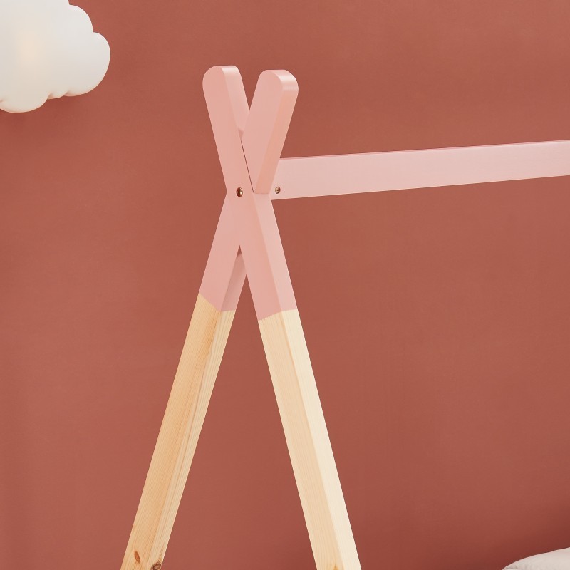 Lit enfant tipi TINY rose et pin massif 90x190 sommier inclus