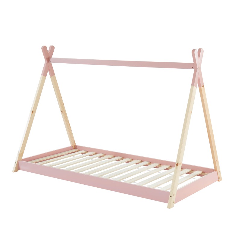 Lit enfant tipi TINY rose et pin massif 90x190 sommier inclus