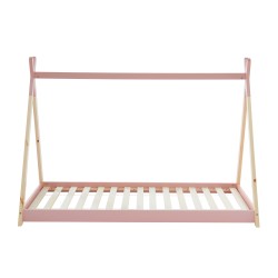 Lit enfant tipi TINY rose et pin massif 90x190 sommier inclus