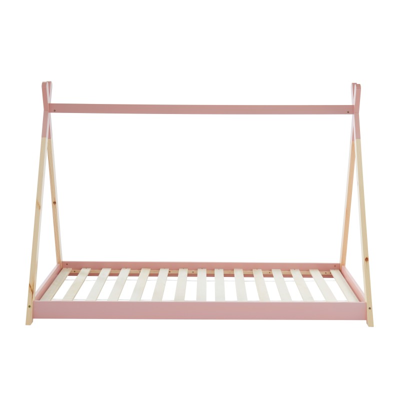 Lit enfant tipi TINY rose et pin massif 90x190 sommier inclus