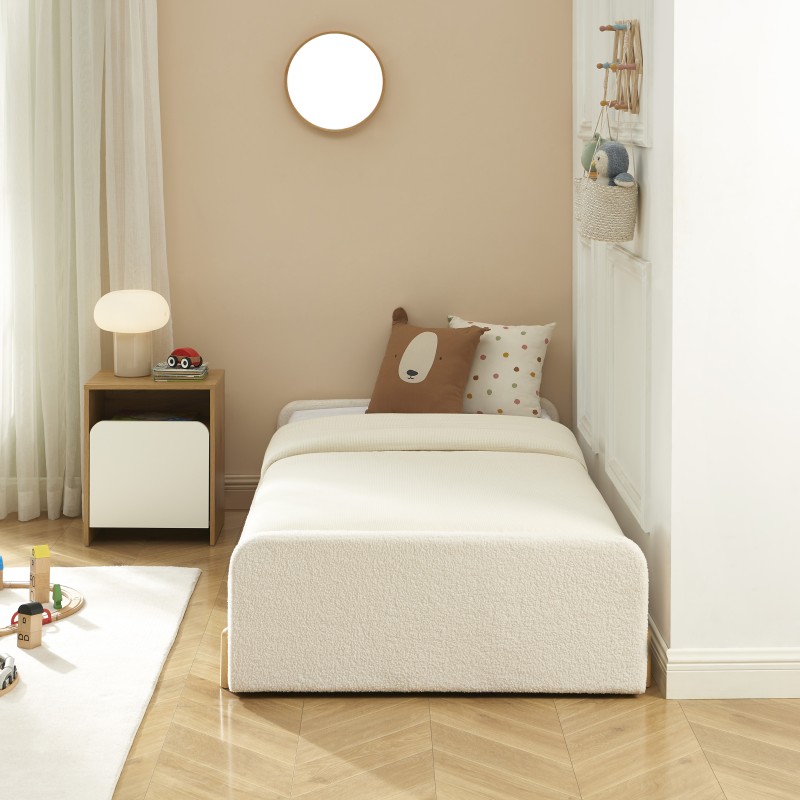 Lit enfant NUI tissu bouclette beige 90x190 sommier inclus