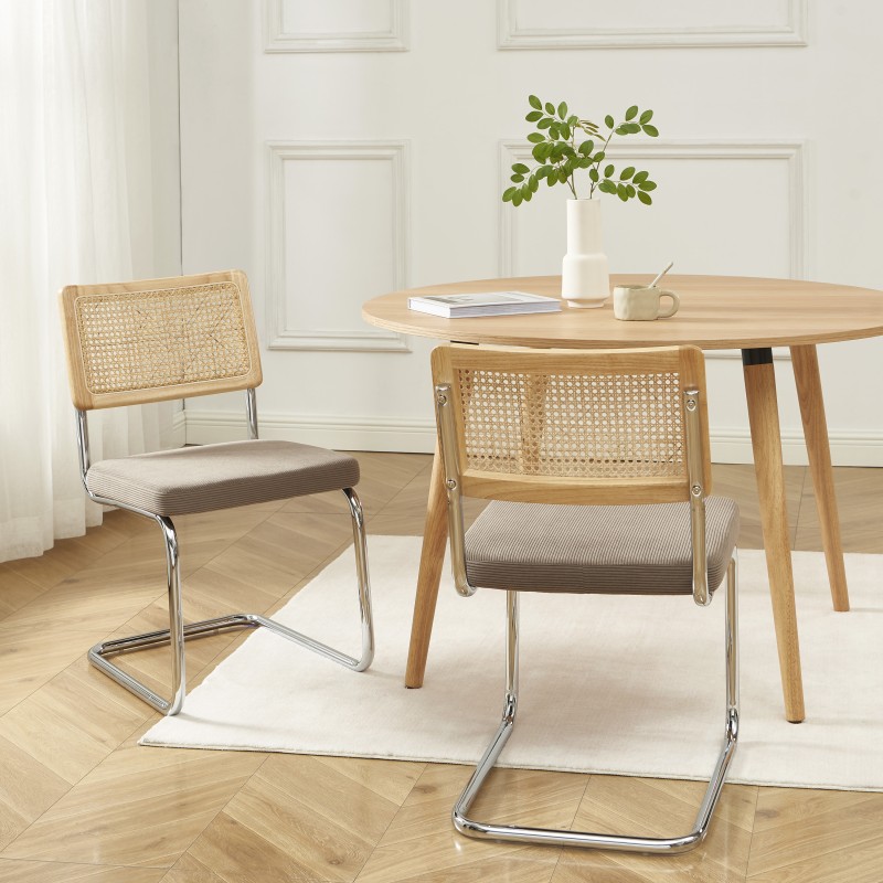 Lot de 2 chaises ELLA cannage et velours côtelé grèg pieds métal chromé
