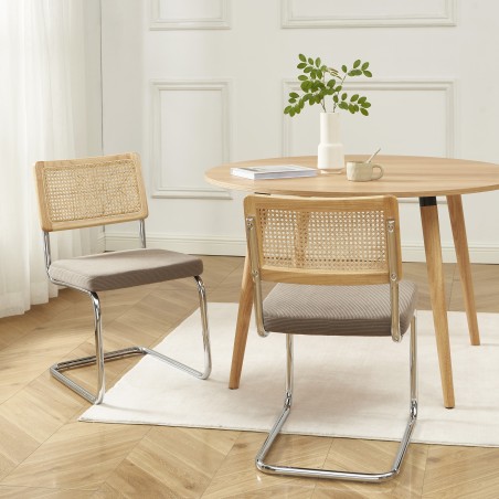 Lot de 2 chaises ELLA cannage et velours côtelé grèg pieds métal chromé