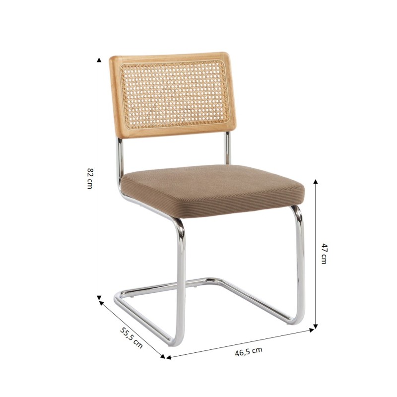 Lot de 2 chaises ELLA cannage et velours côtelé grèg pieds métal chromé