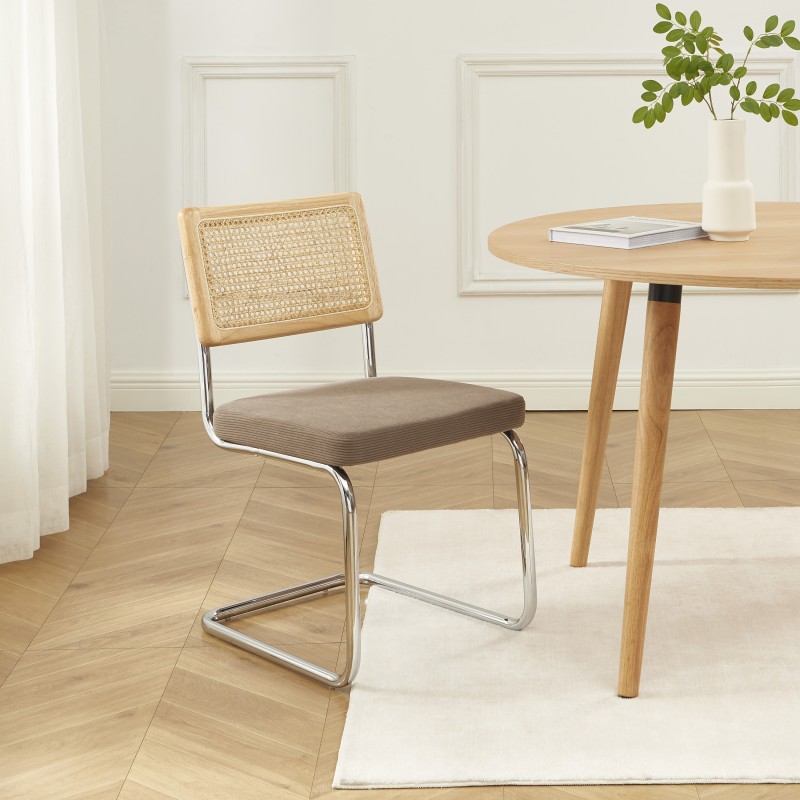 Lot de 2 chaises ELLA cannage et velours côtelé grèg pieds métal chromé