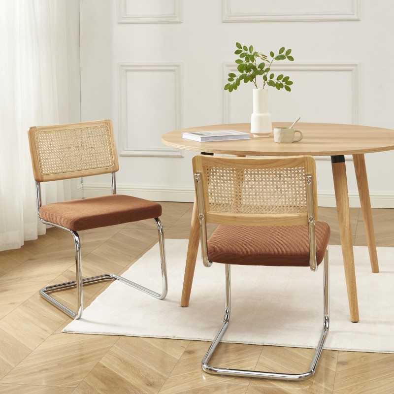 Lot de 2 chaises ELLA cannage et velours côtelé terracotta pieds métal chromé