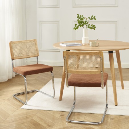Lot de 2 chaises ELLA cannage et velours côtelé terracotta pieds métal chromé