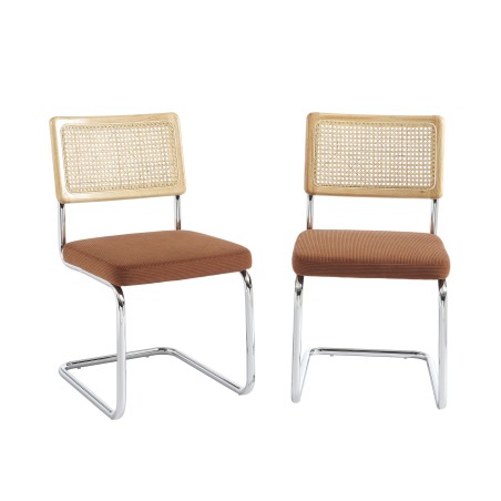 Lot de 2 chaises ELLA cannage et velours côtelé terracotta pieds métal chromé