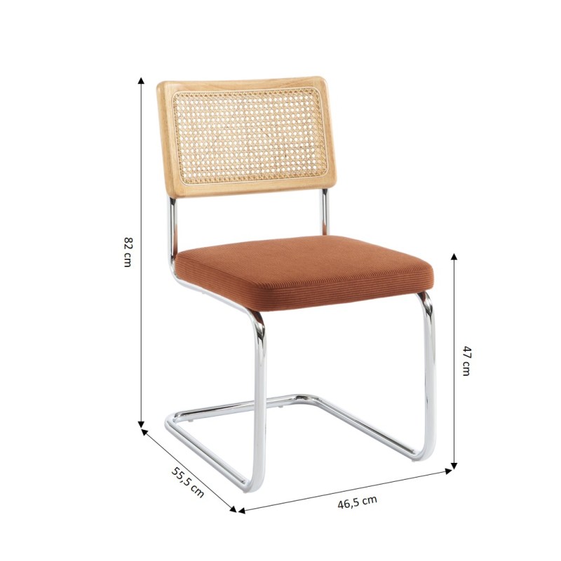 Lot de 2 chaises ELLA cannage et velours côtelé terracotta pieds métal chromé