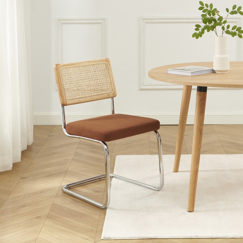Lot de 2 chaises ELLA cannage et velours côtelé terracotta pieds métal chromé