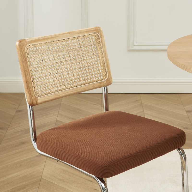 Lot de 2 chaises ELLA cannage et velours côtelé terracotta pieds métal chromé