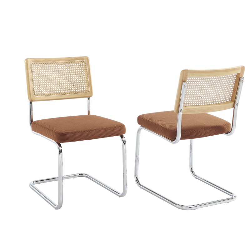 Lot de 2 chaises ELLA cannage et velours côtelé terracotta pieds métal chromé