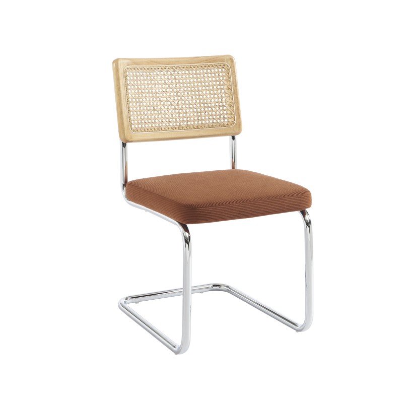 Lot de 2 chaises ELLA cannage et velours côtelé terracotta pieds métal chromé
