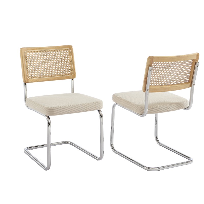 Lot de 2 chaises ELLA cannage et velours côtelé écru pieds métal chromé