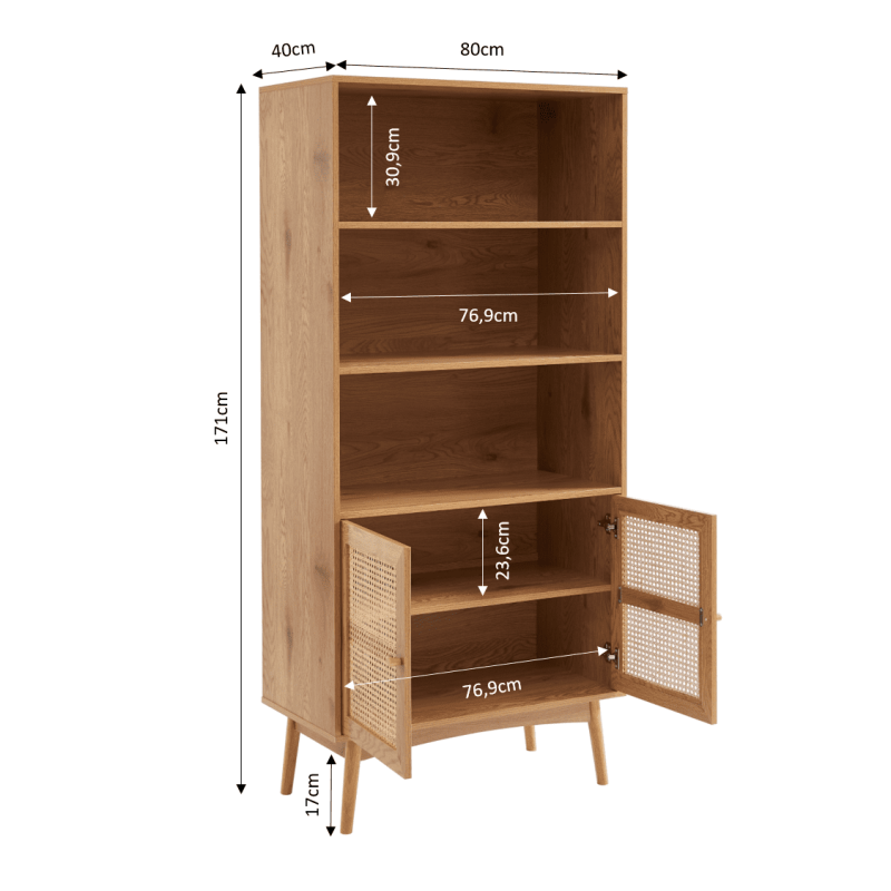 Bibliothèque INES effet chêne et cannage rotin 80cm