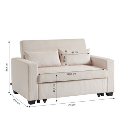 Canapé droit EVA convertible velours côtelé beige 2 places