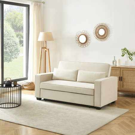 Canapé droit LENA convertible velours beige 3 places