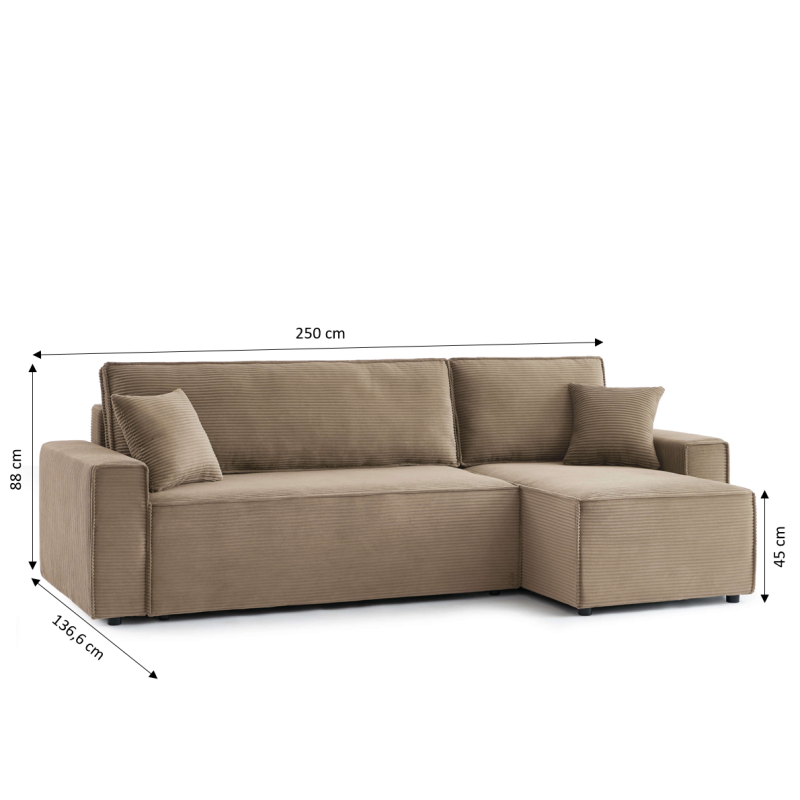 Canapé d'angle convertible et réversible 4 places ZOLA velours côtelé taupe