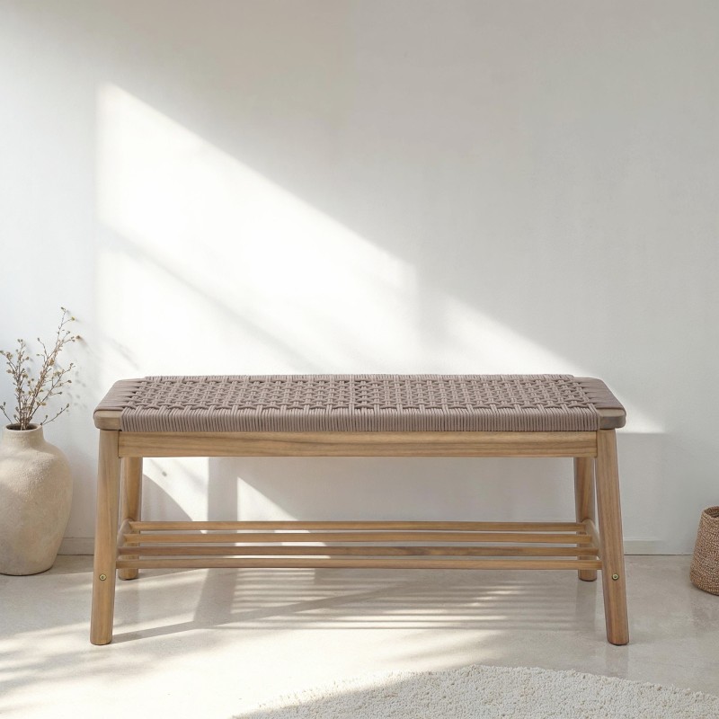 Banc intérieur et extérieur TAVAO en bois d'acacia et corde marron clair