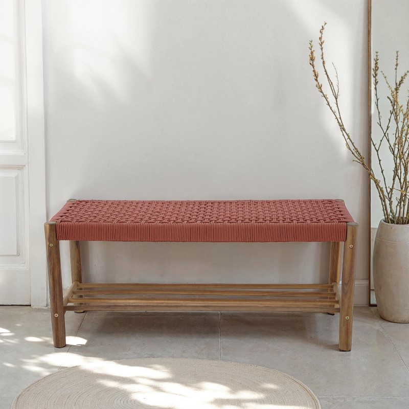 Banc intérieur et extérieur TONGO en bois d'acacia et corde terracotta