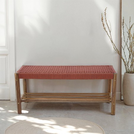 Banc intérieur et extérieur TONGO en bois d'acacia et corde terracotta
