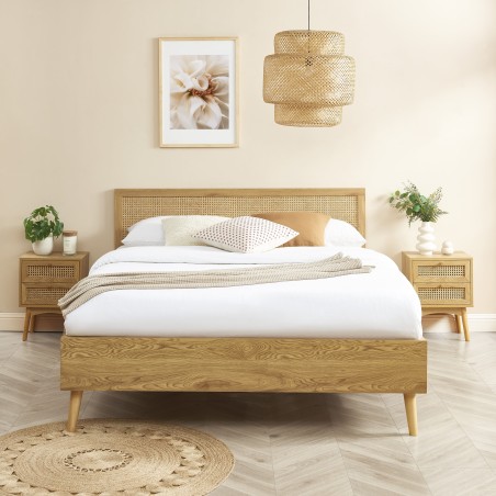 Lit double INES 140x190 cannage rotin sommier inclus