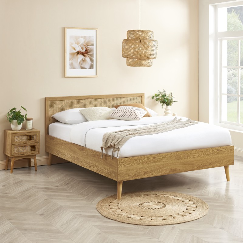Lit double INES 140x190 cannage rotin sommier inclus