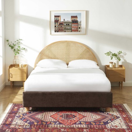 Lit coffre TSUKI  velours côtelé marron cannage sommier 160x200 inclus