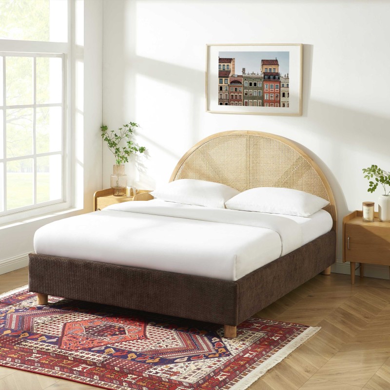 Lit coffre TSUKI  velours côtelé marron cannage sommier 160x200 inclus