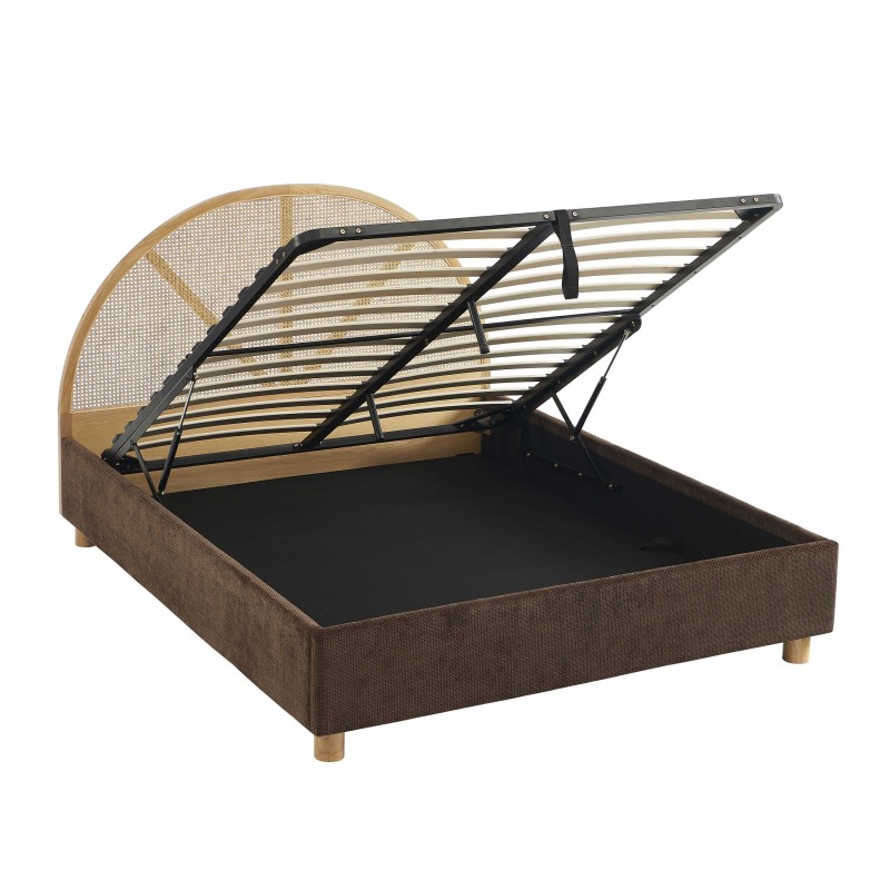 Lit coffre TSUKI  velours côtelé marron cannage sommier 160x200 inclus
