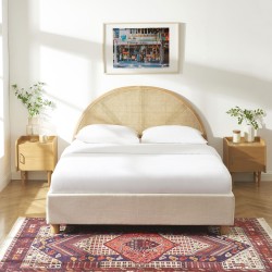 Lit coffre TSUKI  tissu beige lin cannage sommier 160x200 inclus