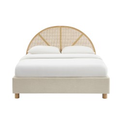 Lit coffre TSUKI  tissu beige lin cannage sommier 160x200 inclus