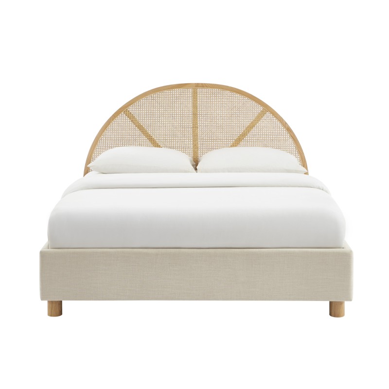 Lit coffre TSUKI  tissu beige lin cannage sommier 160x200 inclus