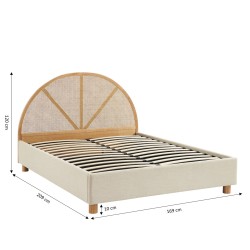 Lit coffre TSUKI  tissu beige lin cannage sommier 160x200 inclus