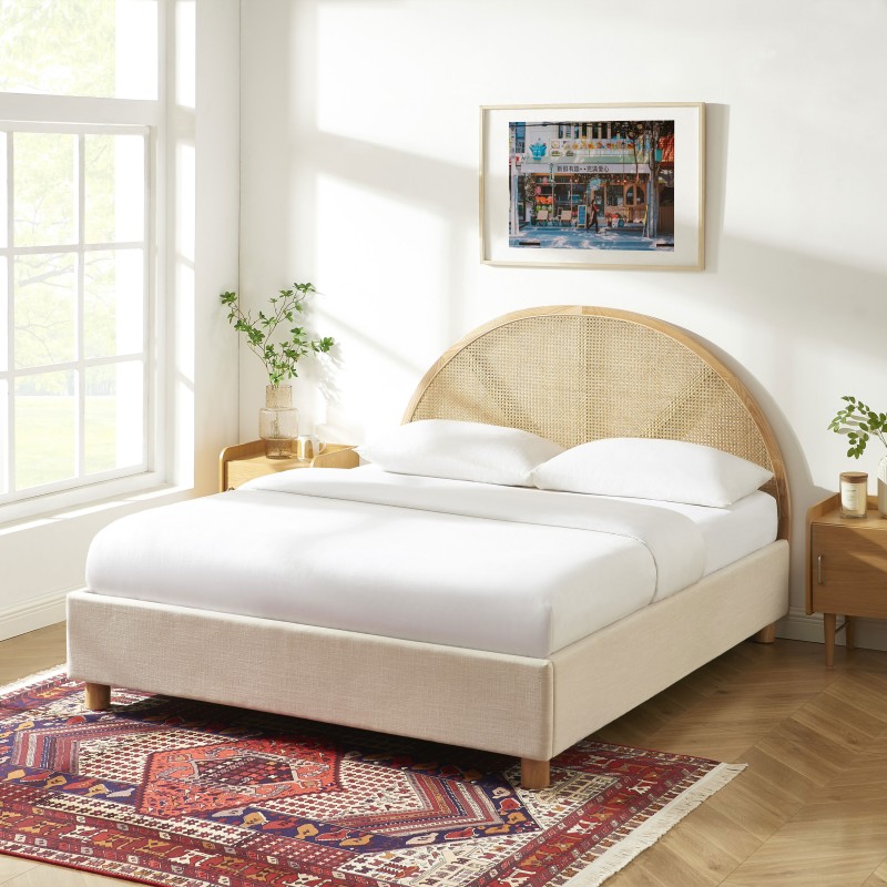 Lit coffre TSUKI  tissu beige lin cannage sommier 160x200 inclus