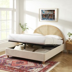 Lit coffre TSUKI  tissu beige lin cannage sommier 160x200 inclus